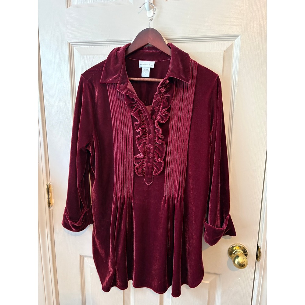 Soft Surroundings Burgundy Velvet Ruffle Pintuck Tunic Top Victorian Ren Fair M